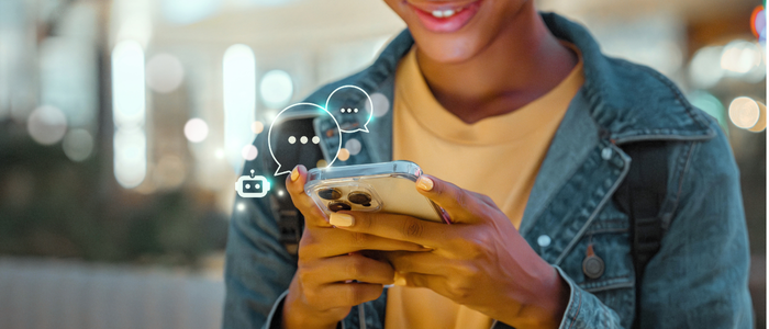 Woman looking at phone with AI messages