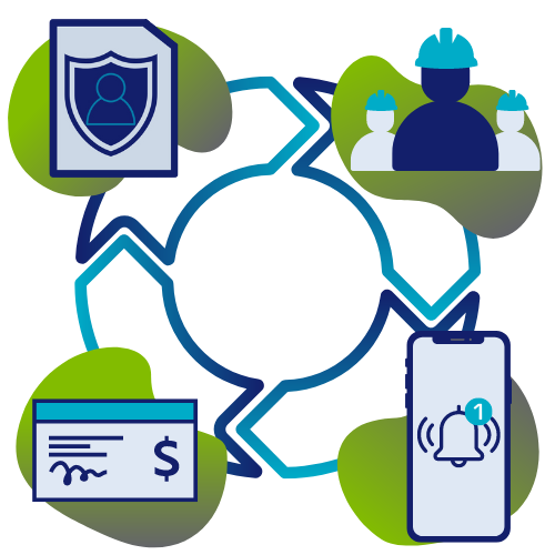a stylized graphic representing the claims cycle with construction employees, a phone, a check, and a security badge